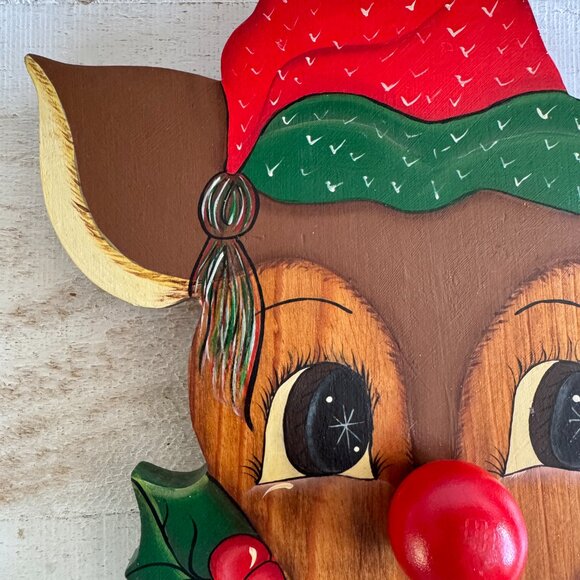 Vintage Hand Painted Wood Rudolph the Reindeer Wall Hanger with Music Box - Picture 2 of 9